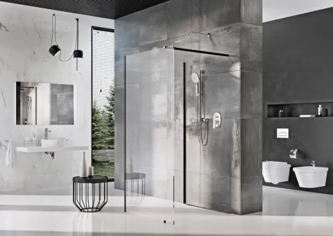 Душевая перегородка RAVAK Walk-In Corner-120/90, высота 200 см, прозрачное стекло, профиль чёрный